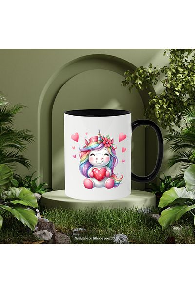 StoryGift Romania Cana cu un unicorn vesel, ilustratie, tine o inima, afectiune, cadou, grija, apr, Cu Maner Negru