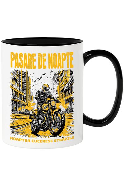 StoryGift Romania Cana pasare de noapte cuceresc strazile motor viteza , 330ml, Ceramica cu Maner , Cu Maner Negru