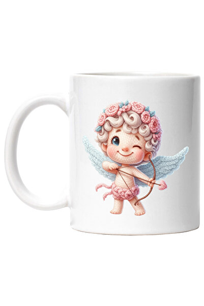 StoryGift Romania Cana cu un bebelus din lana Cupidon, ilustratie, trage cu arcul, indragostire, V, Cu Maner Alb