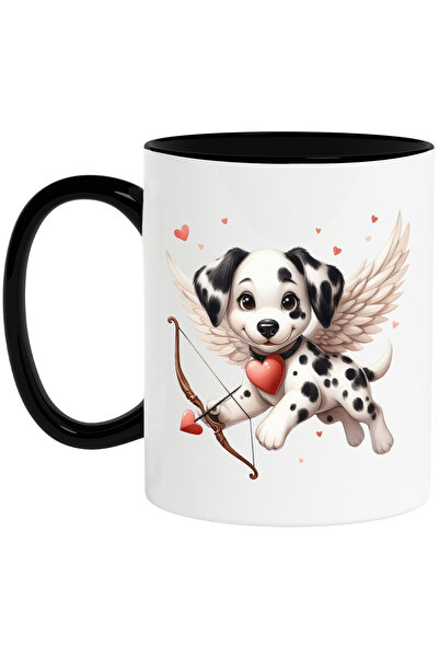 StoryGift Romania Cana cu un catelus Dalmatian care trage cu arcul | ilustratie | Cupidon | indrag, Cu Maner Negru
