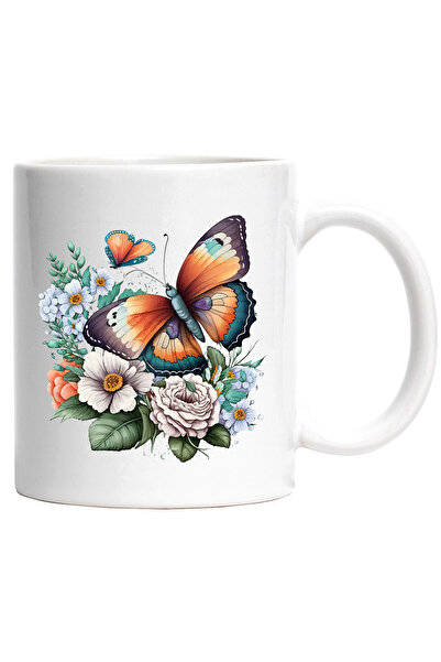 StoryGift Romania Cana cu 2 fluturasi in natura | ilustratie | floricele | plante | libertate | ev, Cu Maner Alb