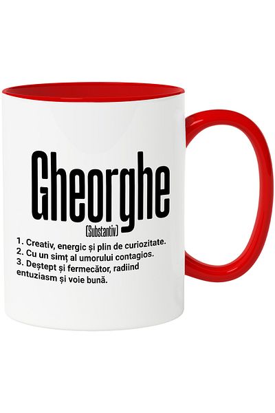 StoryGift Romania Cana Cu Numele Gheorghe, Cu Mesaj Motivational, Creativ, Energic, Curios, Destep, Cu Maner Rosu