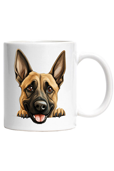 StoryGift Romania Cana cu un caine lup care se uita peste gard | ilustratie | limba scoasa | isi a, Cu Maner Alb