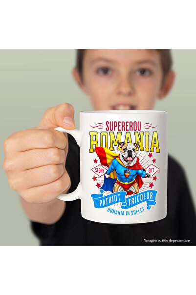 StoryGift Romania Mug with Bulldog Dog in Captain Romania Costume with Cape, Night Hero, By, With White Handle