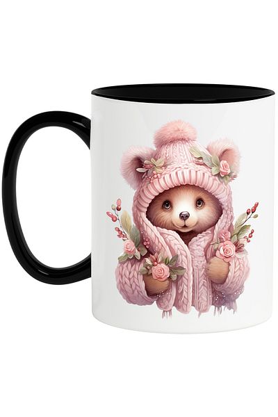 StoryGift Romania Mug with a bear dressed in thick clothes | illustration | flowers | nature | outside | cold | coat, With Black Handle