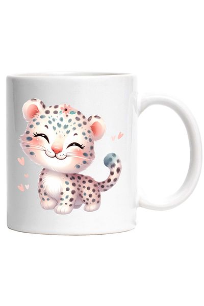 StoryGift Romania Cana cu o femela jaguar | ilustratie | inimioare | micuta | fericire | veselie |, Cu Maner Alb