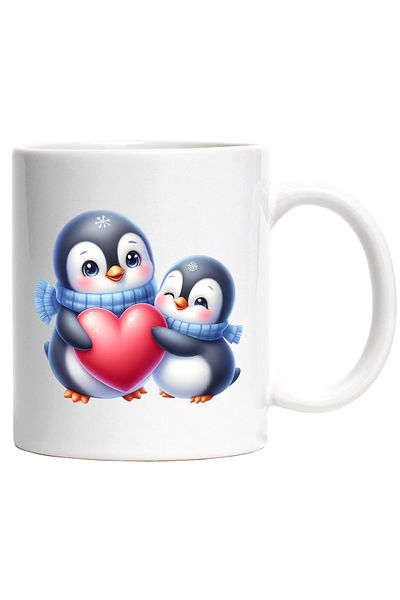 StoryGift Romania Cana cu 2 pinguini care tin o inima | ilustratie | fulgi de nea | fulare | frig , Cu Maner Alb