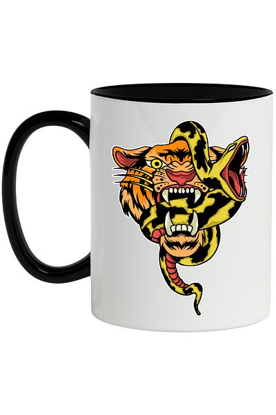 StoryGift Romania Mug With Snake, Tiger, Fangs, Multicolor 330 ml, Ceramic with Black Handle, With Black Handle