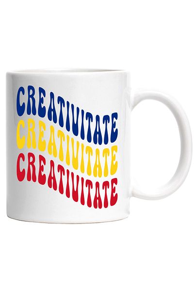 StoryGift Romania Mug The Word Creativity, in the Colors of the Romanian Flag, Red, Yellow, Blue, With White Handle