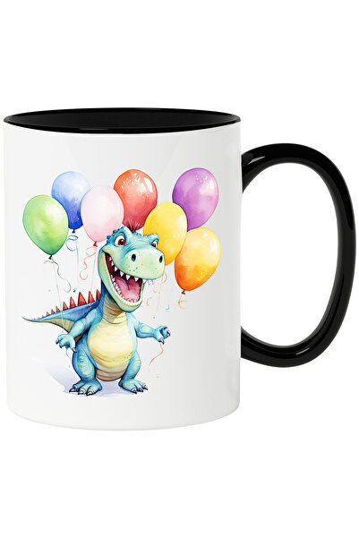 StoryGift Romania Cana cu un dinozaur verde fericit | ilustratie | veselie | aniversare | baloane , Cu Maner Negru