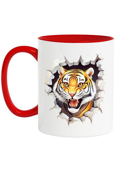 StoryGift Romania Mug with an aggressive tiger sticking its head out of a wall, illustration, angry, is, With Red Handle