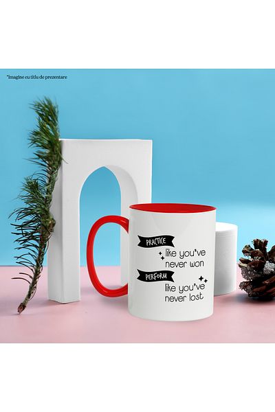 StoryGift Romania Cana Cu Mesaj Motivational In Engleza, Exercitiu, Executa, Castig, Pierdere, Al, Cu Maner Rosu