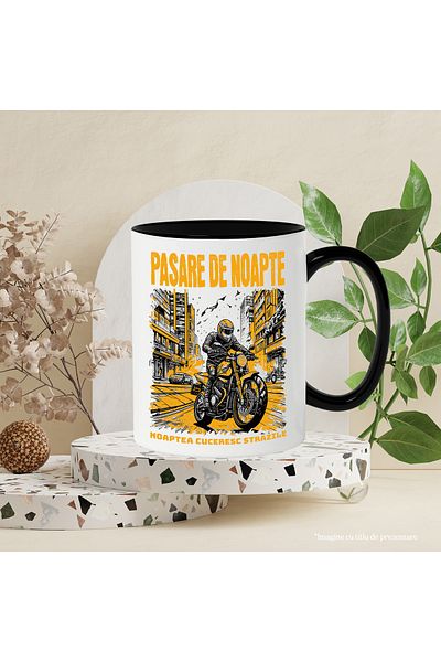 StoryGift Romania Cana pasare de noapte cuceresc strazile motor viteza , 330ml, Ceramica cu Maner , Cu Maner Negru