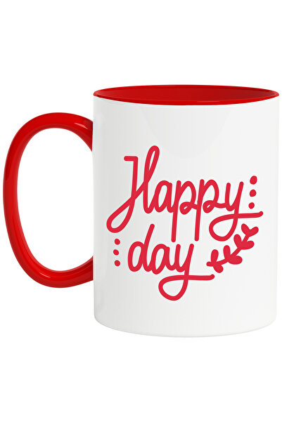 StoryGift Romania Cana cu o urare in engleza "Happy day" - zi fericita cu Maner Rosu, Cu Maner Rosu