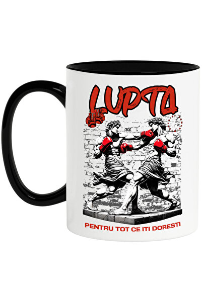 StoryGift Romania Cana cu Meci De Box Intre Statui Masculine Stil grecesc Manusi Rosii Sport Conta, Cu Maner Negru