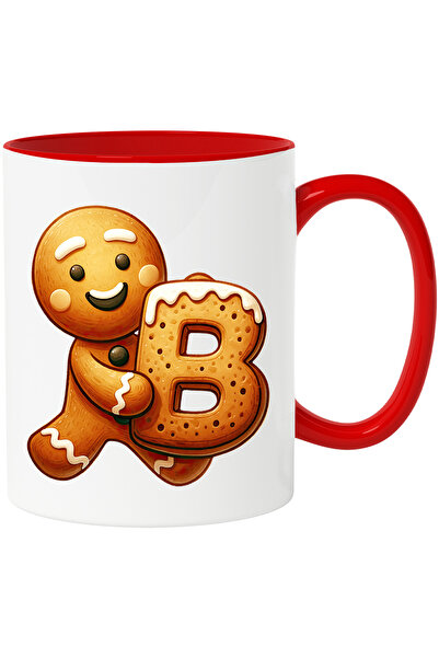 StoryGift Romania Mug with a gingerbread man holding the letter "B" | illustration | school | d, With Red Handle