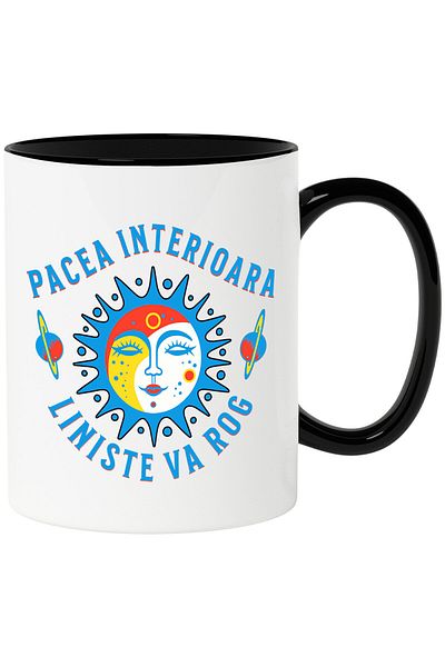 StoryGift Romania Cana cu Soare Cu Chip Feminin Colorat Planete Zburatoare Text Pacea interioara L, Cu Maner Negru