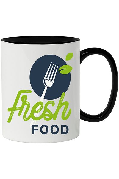 StoryGift Romania Cana Cu Mesaj In Engleza Fresh Food, Mancare Proaspata, Furculita, Frunza, Cerc,, Cu Maner Negru