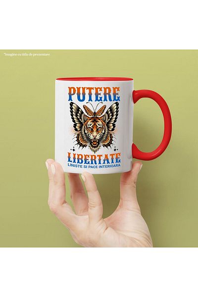 StoryGift Romania Cana cu Tigru Furios Cu Colti Aripi De Flutur Text Putere Libertate Motivational, Cu Maner Rosu