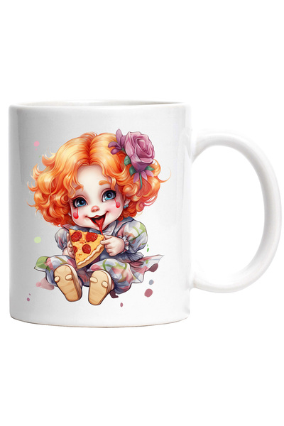 StoryGift Romania Cana cu o fetita clovn | ilustratie | mananca o felie de pizza | floare | pete d, Cu Maner Alb