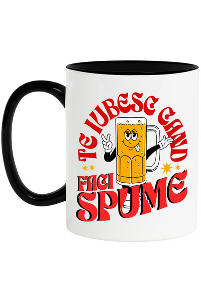 StoryGift Romania Cana cu Halba De Bere Vesela Cu Limba Scoasa Text Te Iubesc Cand Faci Spume, Alc, Cu Maner Negru