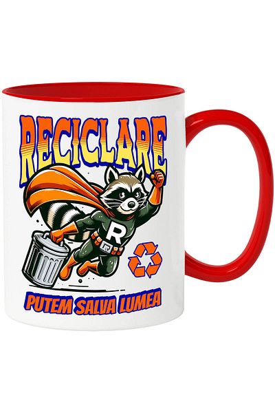 StoryGift Romania Mug with Animal Superhero Recycling Trash Can Text We Can Save the World, Ceramic, With Red Handle