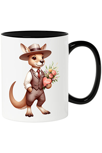 StoryGift Romania Cana cu un cangur care tine un buchet cu flori si o cutie cu bomboane | ilustrat, Cu Maner Negru