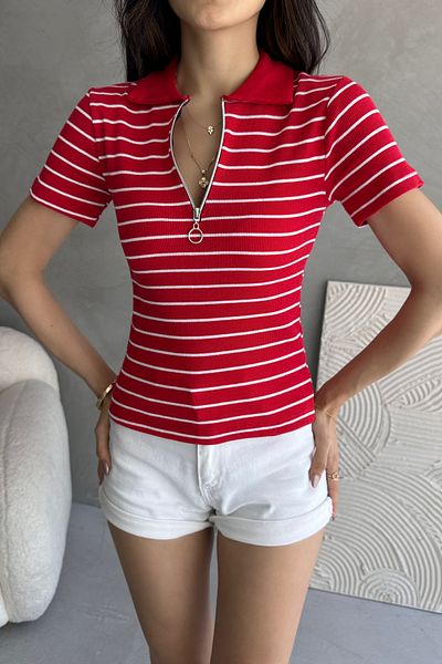 Chicup Women's Red White Half Zipper Polo Neck Ribbed Knitted Blouse