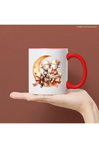 StoryGift Romania Mug with a sheep and a ram, illustration, flowers, white skirt, crescent moon, bows, a, With ,STG