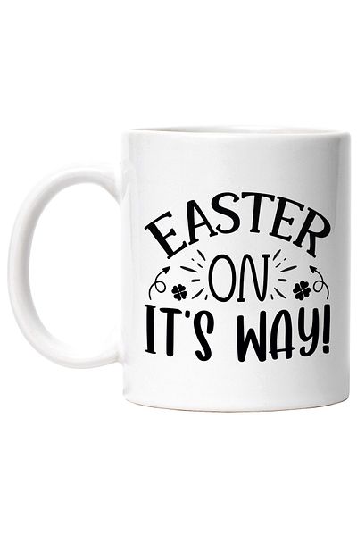 StoryGift Romania Cana cu mesajul in engleza "Easter on it's way" - Pastele e pe drum cu Maner Alb, Cu Maner Alb