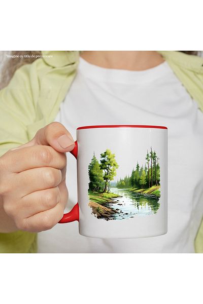 StoryGift Romania Mug with a natural landscape | illustration | forest | forestry | river | water | rel, Cu,STG