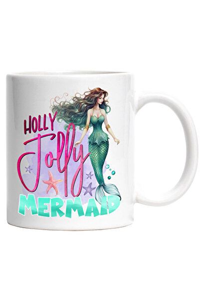 StoryGift Romania Cana cu sirena cu mesajul "Holly jolly mermaid", basm, ilustratie, fericita, buc, Cu Maner Alb