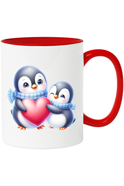 StoryGift Romania Cana cu 2 pinguini care tin o inima | ilustratie | fulgi de nea | fulare | frig , Cu Maner Rosu
