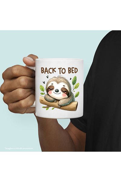 StoryGift Romania Sloth animal mug with the message "Back to bed", illustration, funny, laugh, with white handle