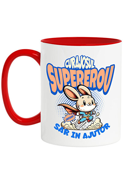 StoryGift Romania Cana cu Iepure In Costum De Super erou cu Pelerina Rosie Text Curajosul Sar In A, Cu Maner Rosu