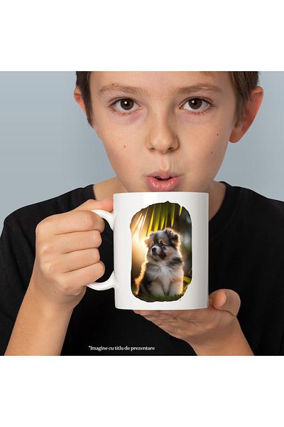 StoryGift Romania Cana cu Portret Caine Dragut, Rasa Lapphund finlandez, Blana colorata, Pufos, Ca, Cu Maner Alb