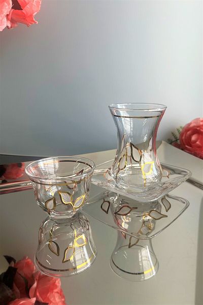 DECOSTYLE Gold Colored 18 Piece Glass Set - Special Cut, Leaf Decorated Base