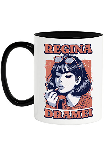 StoryGift Romania Cana cu Fata Moderna cu Breton Si Ochelari DE Soare Text Regina Dramei Adolescen, Cu Maner Negru