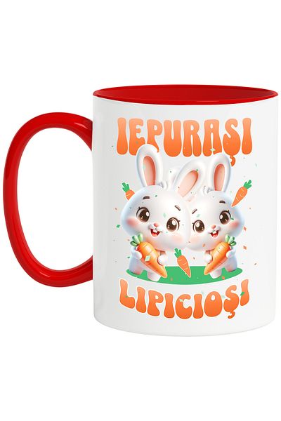 StoryGift Romania Cana Iepurasi Lipiciosi animal familie copil , 330ml, Ceramic cu Maner Rosu, Cu Maner Rosu