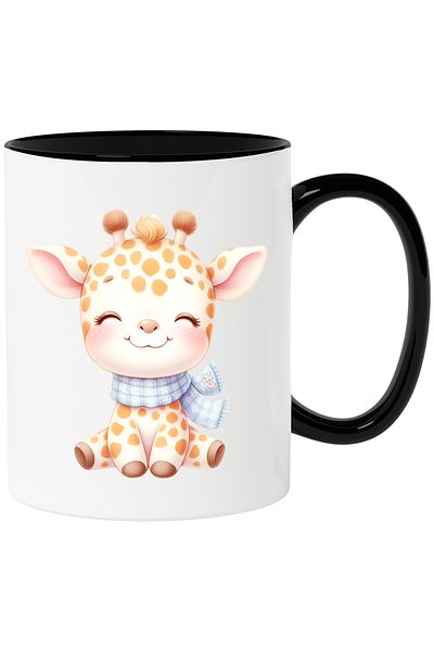 StoryGift Romania Mug with a cheerful giraffe | illustration | scarf | blushing | little one | be good, With Black Handle