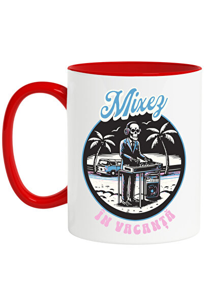 StoryGift Romania Cana DJ în vacanta mixez schelete pe plaja costum, 330ml, Ceramic cu Maner Rosu, Cu Maner Rosu