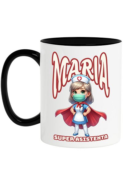 StoryGift Romania Cana cu Asistenta medicala Cu Pelerina Rosie Super Erou Masca Medicala Text Mari, Cu Maner Negru