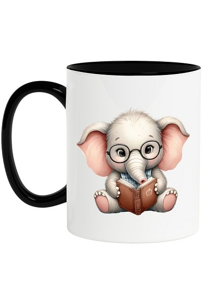 StoryGift Romania Mug with an elephant reading from a book, illustration, glasses, nerd, in, With ,STG