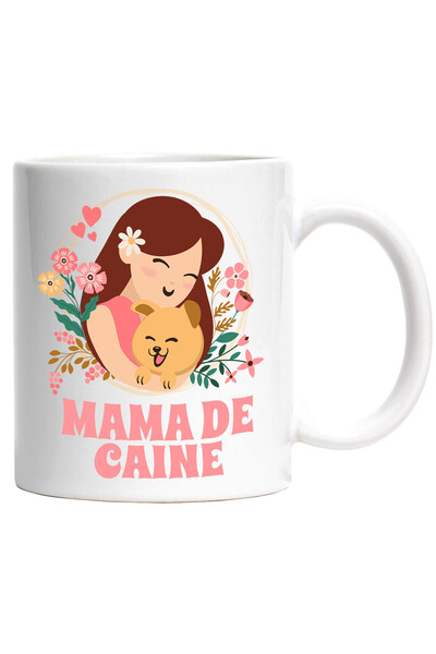 StoryGift Romania Cana cu Fata Si caine Rama Naturala Creanga Flori Colorate Mama De Caine, Cerami, Cu Maner Alb