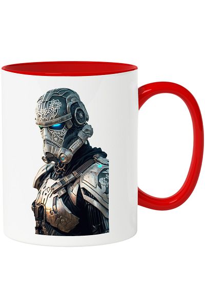 StoryGift Romania Cana cu Portret Robot Futuristic, Robot de Metal, Ochii Albastri, Sci-Fi, Viitor, Cu Maner Rosu