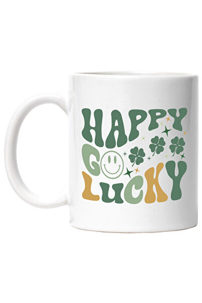 StoryGift Romania Cana cu trifoi cu patru foi si mesaj in engleza "Happy, go lucky" - fericit noro, Cu Maner Alb
