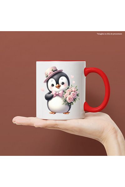 StoryGift Romania Mug with a penguin holding a bouquet of roses, illustration, hat, pink, , With ,STG