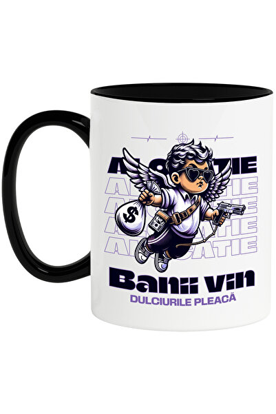 StoryGift Romania Cana inger copil alocatie bani vin dulciurile pleaca copil, 330ml, Ceramica cu M, Cu Maner Negru