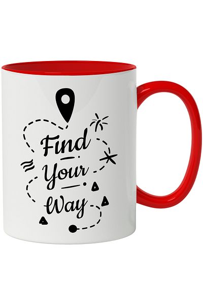 StoryGift Romania Cana Cu Mesaj In Engleza Find Your Way, Mapa, Pin, Drum, Alb Negru 330 ml, Ceram, Cu Maner Rosu