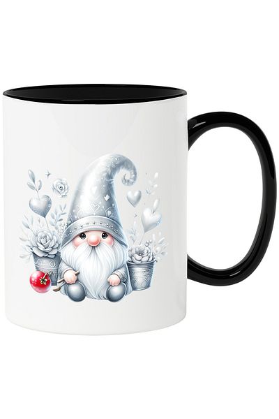 StoryGift Romania Cana cu un pitic | ilustratie | barba lunga alba | flori | inimi | din povesti |, Cu Maner Negru